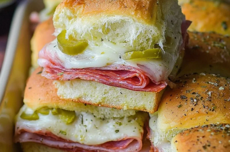 Hot Italian Sub Sliders topped with melted cheese and fresh herbs