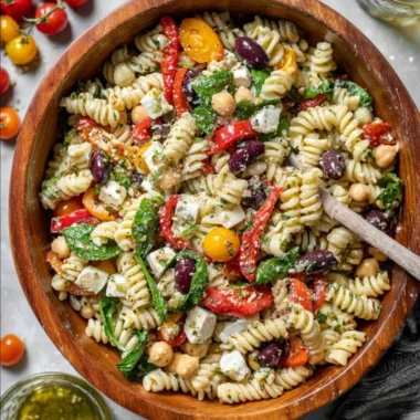 Colorful Italian Pasta Salad with fresh vegetables and herbs