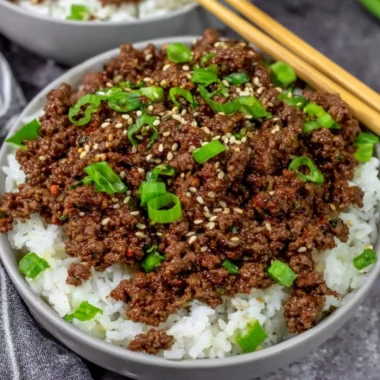Delicious Korean Beef Bowl garnished with vegetables and served in a bowl