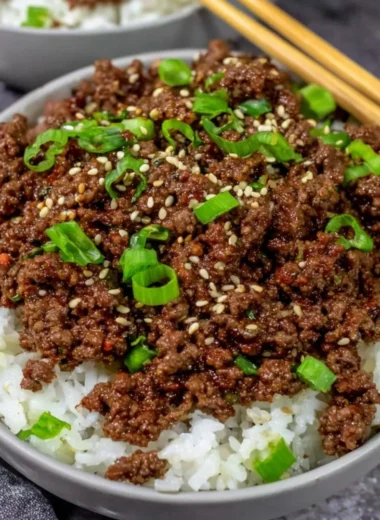 Delicious Korean Beef Bowl garnished with vegetables and served in a bowl