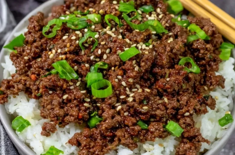 Delicious Korean Beef Bowl garnished with vegetables and served in a bowl