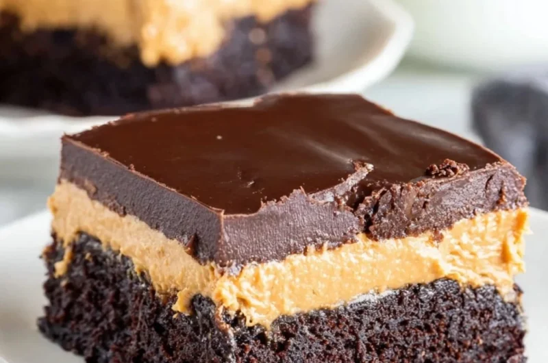 Layered Peanut Butter Brownies topped with chocolate and peanut butter swirl.