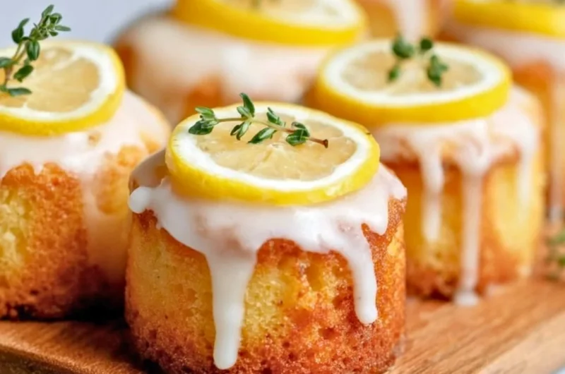 Delicious mini lemon drizzle cakes with a glossy lemon glaze on top.