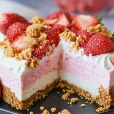 No-Bake Strawberry Crunch Cheesecake topped with fresh strawberries and crunchy crust.