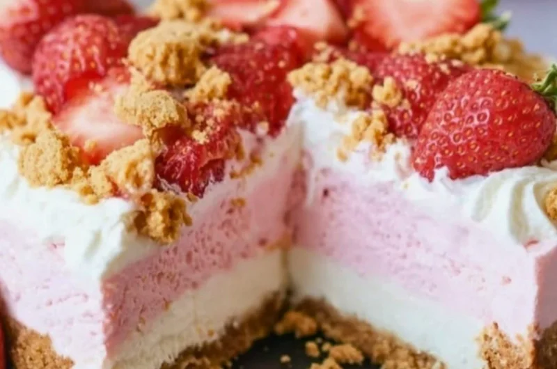 No-Bake Strawberry Crunch Cheesecake topped with fresh strawberries and crunchy crust.