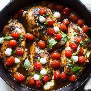 One-pan juicy chicken cooked in balsamic sauce garnished with fresh herbs