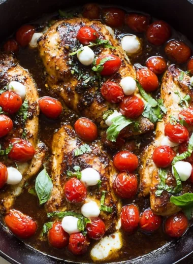 One-pan juicy chicken cooked in balsamic sauce garnished with fresh herbs