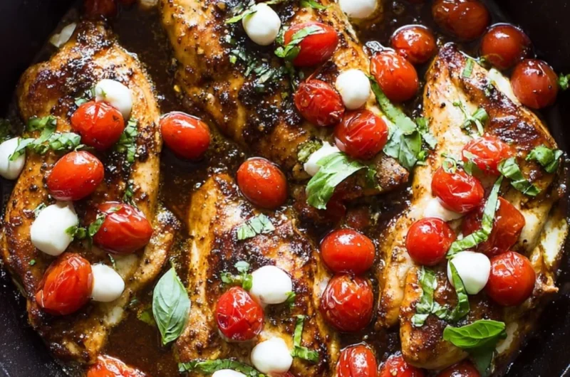 One-pan juicy chicken cooked in balsamic sauce garnished with fresh herbs