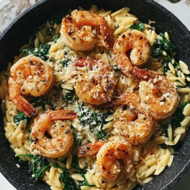 One Pan Parmesan Orzo with Shrimp dish garnished with herbs and spices.