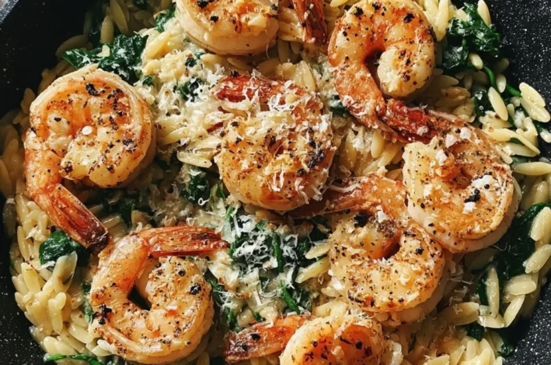 One Pan Parmesan Orzo with Shrimp dish garnished with herbs and spices.