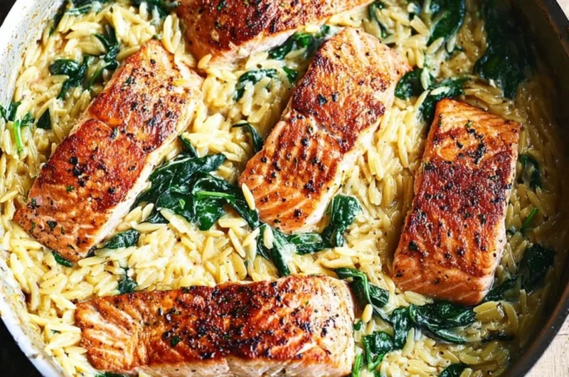 One Skillet Salmon with Lemon Orzo dish served in a skillet