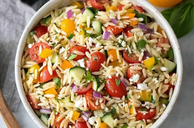 Colorful and fresh orzo salad with vegetables and dressing