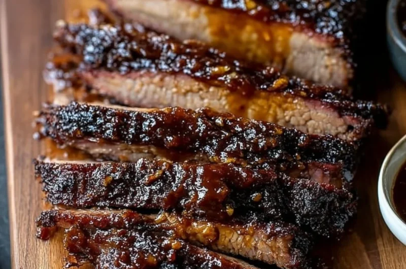 Oven-baked BBQ beef brisket served with sides and garnished with herbs