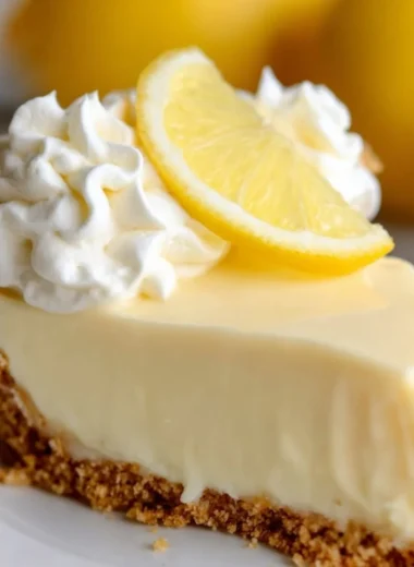 Delicious lemon pie topped with whipped cream and fresh lemon slices
