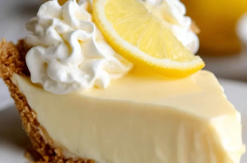 Delicious lemon pie topped with whipped cream and fresh lemon slices