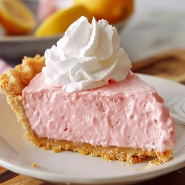 Sliced pink lemonade pie with a crust and vibrant filling.