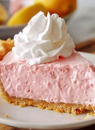 Sliced pink lemonade pie with a crust and vibrant filling.