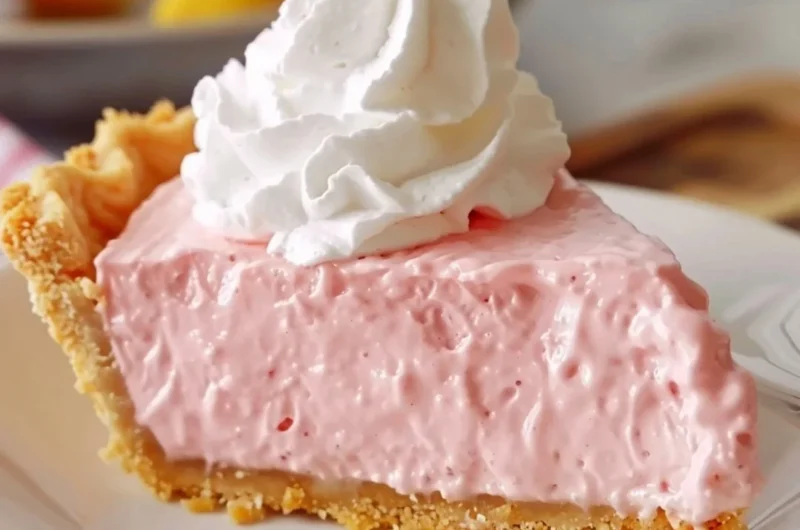 Sliced pink lemonade pie with a crust and vibrant filling.