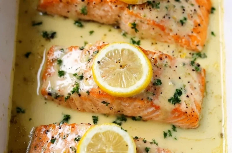 Salmon fillet topped with rich lemon cream sauce on a plate