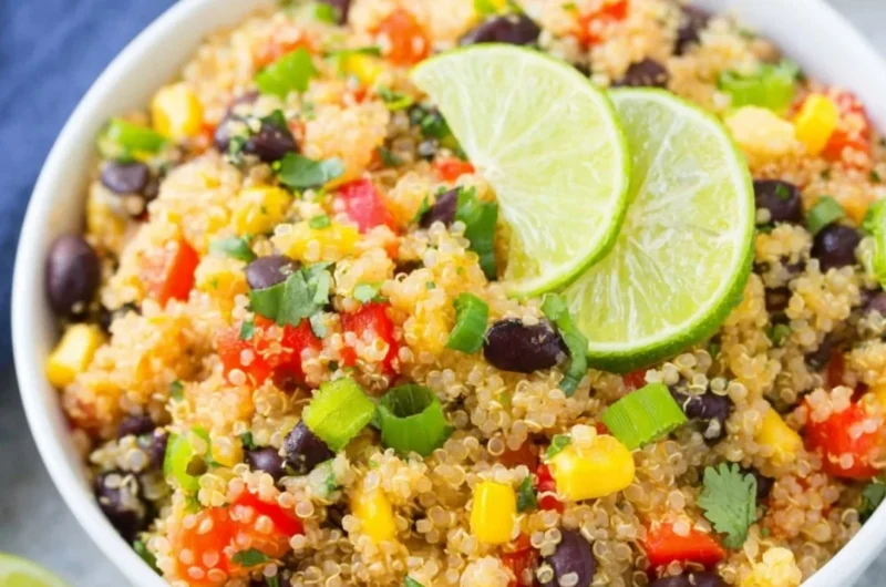 Bowl of vibrant Southwest Quinoa Salad with vegetables and dressing.