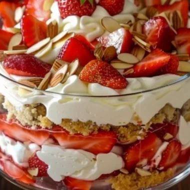 Strawberry cheesecake trifle with layers of cream, strawberries, and graham crackers