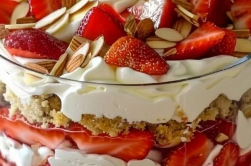 Strawberry cheesecake trifle with layers of cream, strawberries, and graham crackers
