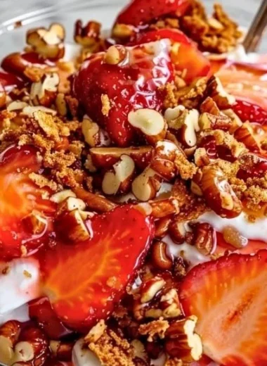 Strawberry Crackle Salad with fresh strawberries and crunchy toppings
