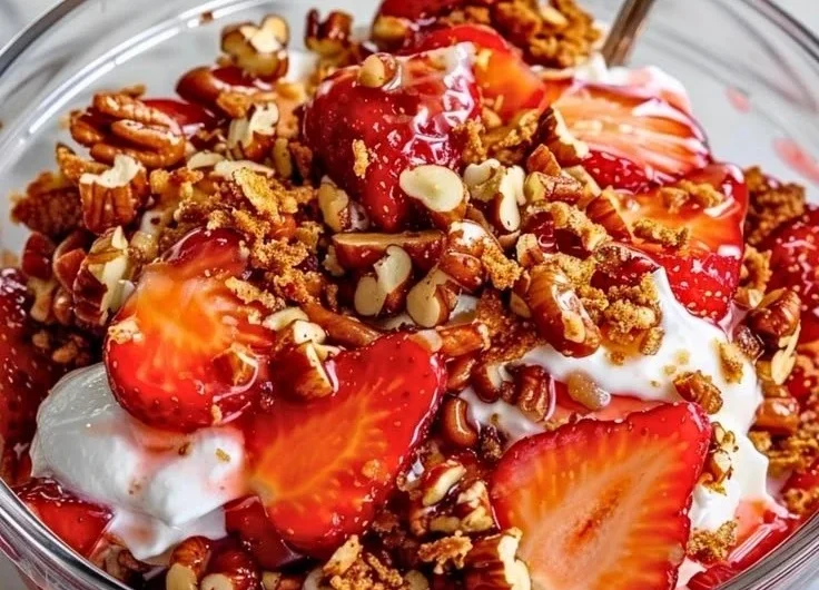 Strawberry Crackle Salad with fresh strawberries and crunchy toppings
