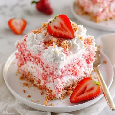 Delicious Strawberry Crunch Poke Cake topped with crunchy strawberry pieces