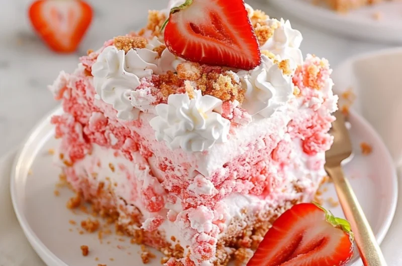 Delicious Strawberry Crunch Poke Cake topped with crunchy strawberry pieces