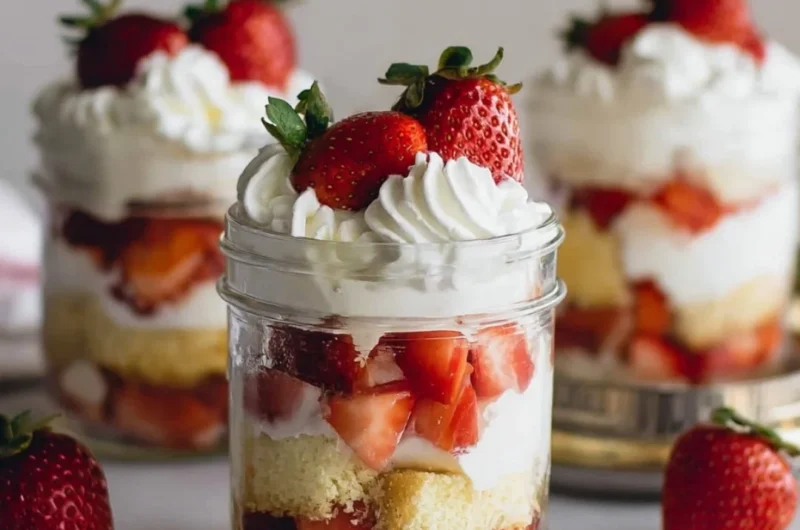 Delicious strawberry shortcake trifles layered with fresh berries and cream