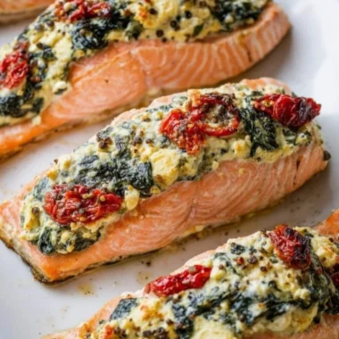 Stuffed salmon with spinach and feta on a plate