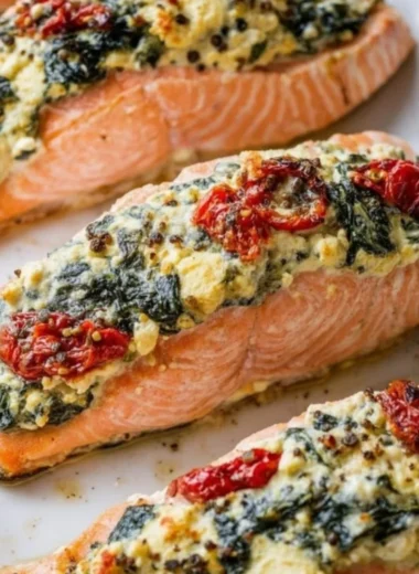 Stuffed salmon with spinach and feta on a plate