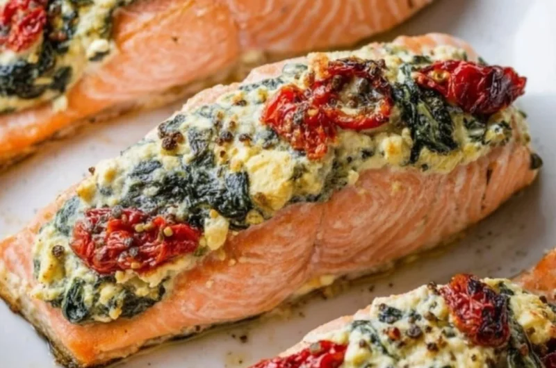 Stuffed salmon with spinach and feta on a plate