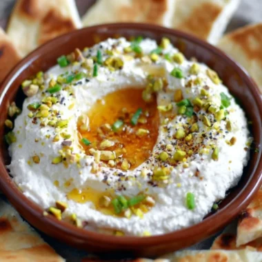 Delicious whipped feta with honey dip served in a bowl