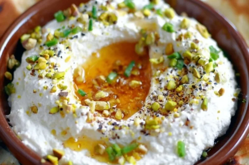 Delicious whipped feta with honey dip served in a bowl