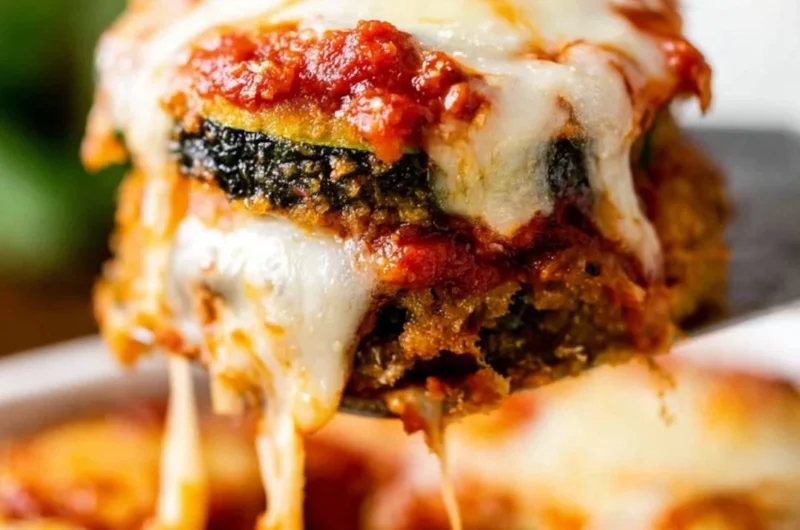 Delicious Zucchini Parmesan dish served on a plate with cheese and herbs