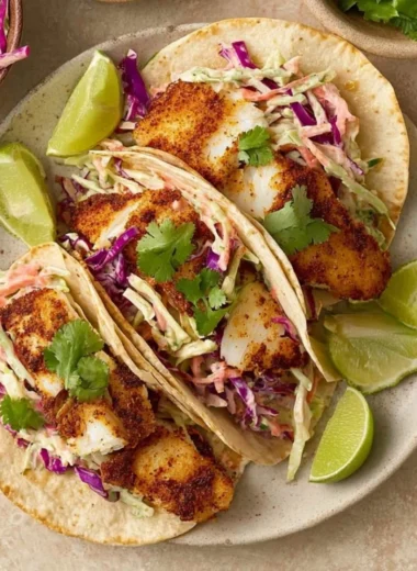 Air fryer fish tacos served with cilantro lime slaw on a plate