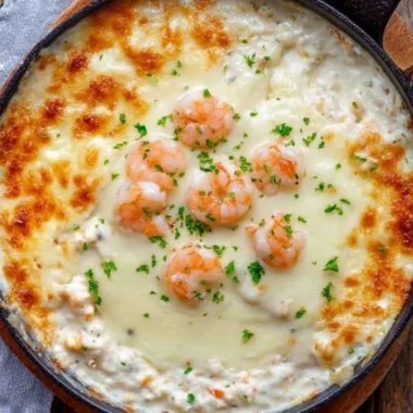 Creamy baked shrimp dip served in a dish, perfect for appetizers.