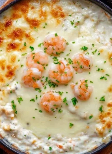 Creamy baked shrimp dip served in a dish, perfect for appetizers.