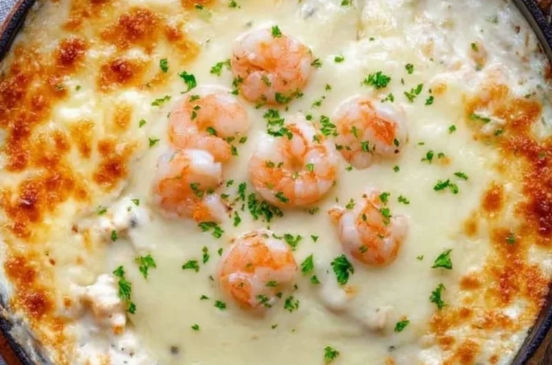Creamy baked shrimp dip served in a dish, perfect for appetizers.