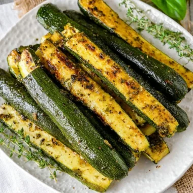 Baked zucchini dish garnished with herbs and spices.