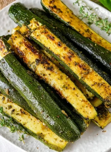 Baked zucchini dish garnished with herbs and spices.
