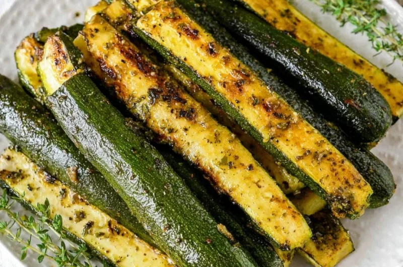 Baked zucchini dish garnished with herbs and spices.
