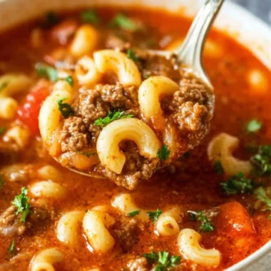 A bowl of Beef Macaroni Soup garnished with parsley and spices.
