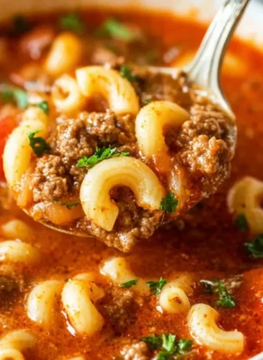 A bowl of Beef Macaroni Soup garnished with parsley and spices.