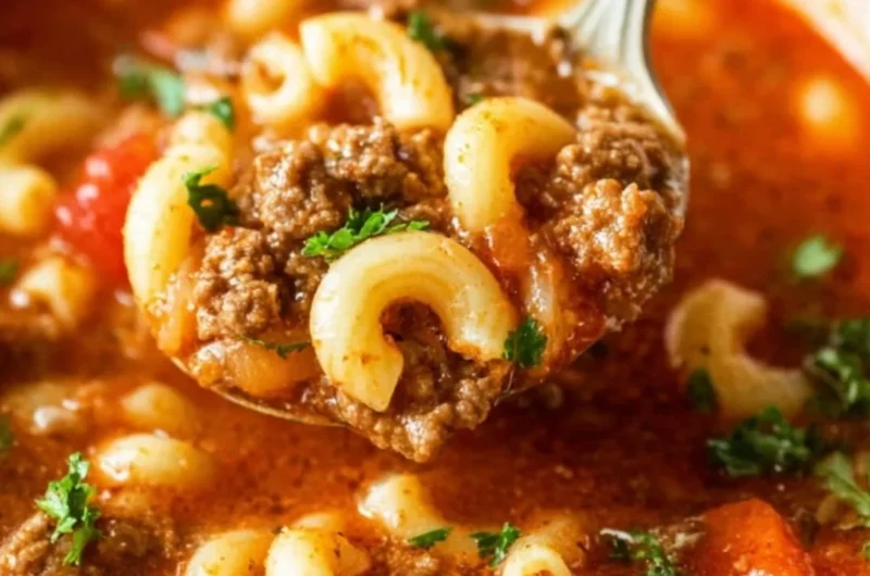 A bowl of Beef Macaroni Soup garnished with parsley and spices.