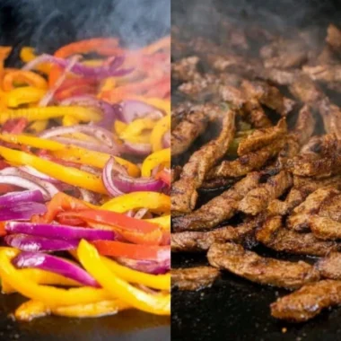 Deliciously grilled Blackstone steak fajitas served with colorful peppers and onions.