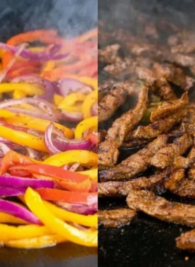Deliciously grilled Blackstone steak fajitas served with colorful peppers and onions.