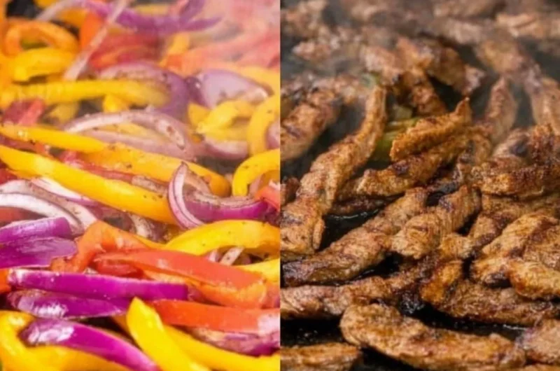 Deliciously grilled Blackstone steak fajitas served with colorful peppers and onions.